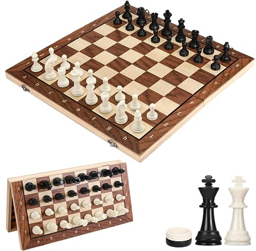 Mkitnvy Schachspiel Magnetisch, 3 In 1 Schachbrett Holz Hochwertig Schach und Dame, Einklappbar und Tragbar Chess Board Set für Erwachsene Kinder Party Reisen (39x39cm), CX-GJXQ-39