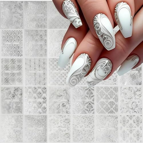 Muorruo 30 Blatt silberne Spitzen-Nagelsticker für Blumen-Nagelkunst, 3D-selbstklebende Nagelaufkleber, silberne, hohle Retro-Blumenranken-Nagelsticker, Design-Spitzenblumen-Nagelzubehör