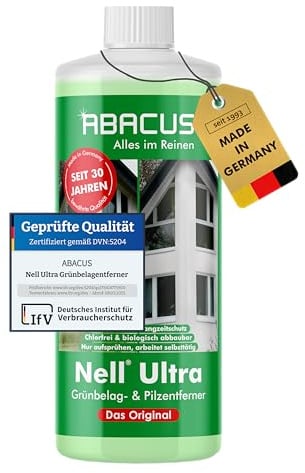 ABACUS® Nell Ultra Grünbelagentferner & Algenentferner Konzentrat, extrem stark! Entfernt Grünbelag & Algen selbsttätig ohne zu Schrubben – für Stein, Fassade, Terrasse, Dach – Nell Ultra 1000 ml