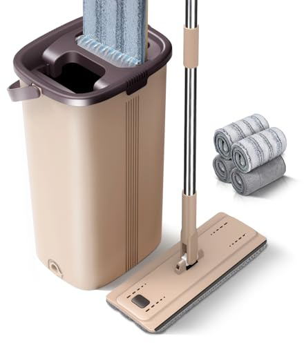 Masthome Wischmopp Set mit Eimer, Mikrofaser Bodenwischer Set mit 4 Waschbaren Pads, Einstellbar Edelstahlgriff, 2 in 1 Wischer Set mit Auswringfunktion für Hartholz Fliesen Laminat, Braun