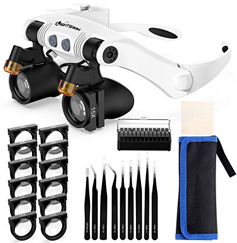 Lightswim Stirnbandlupe mit, Hands Free Head Lupen mit 2 LED-Lichtern Wechselobjektiv 3X 4X 5X 6X 7X 10X 15X zum Lesen von Basteluhren Reparatur Schmuck Hobbys
