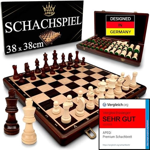 APEQi® Premium Schach - Schachspiel Holz HOCHWERTIG - [38x38cm], Massivholz, 2 EXTRA-Damen, Geschenkidee - Schachbrett Holz hochwertig - klappbares Chess Board mit 34 Schachfiguren, Reiseschach
