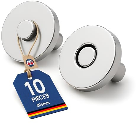 10 x Magnet-Knopf Magnetischer Verschluss rund aus Metall Ø10-18mm Taschenverschluss - Magnetschließe für Textilien und Taschen - zur Befestigung an Leder Stoff Kleidung, Größe: Ø 15mm