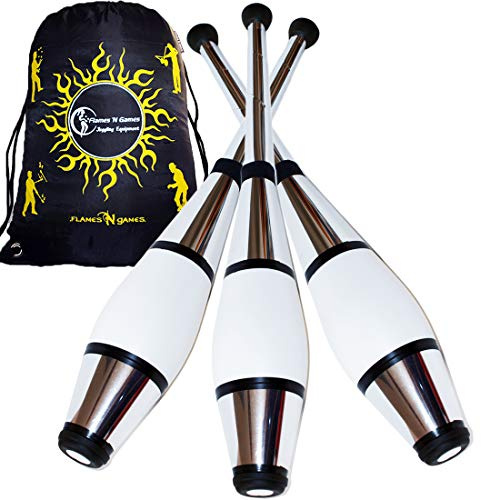 Juggle Dream Euro PRO Jonglierkeulen 3er-Set (Silber) Jonglier Keulen Training Set + Flames N Games Reisetasche! Große Keulenjonglage Set für Kinder & Erwachsene!