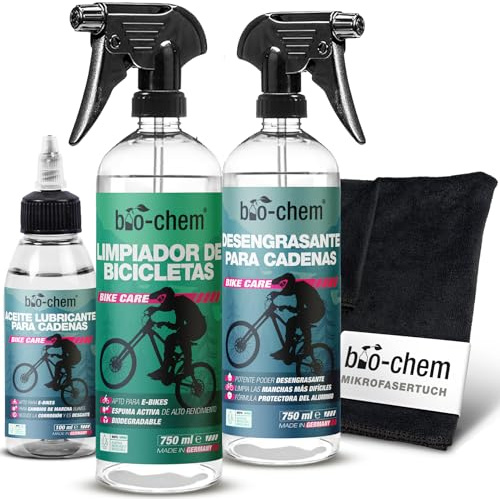 bio-chem Fahrrad Reinigungsset 4-teilig für Bike-Pflege | Mit Fahrradreiniger 750ml, Kettenreiniger 750ml, Kettenöl 100ml und Mikrofasertuch | Profi Fahrradreinigung