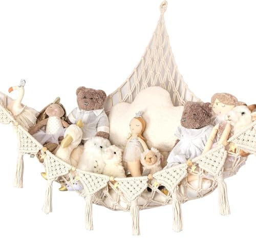 Kuscheltier Aufbewahrung Netz Boho Makramee Stofftier Hängematte Hängend Spielzeug Organizer für Kinderzimmer Schlafzimmer