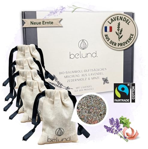 belund® Lavendelsäckchen aus Bio-Baumwolle – Natürlicher Mottenschutz mit Lavendel, Zedernholz & Minze – Große, Wiederverwendbare Duftbeutel für Kleiderschrank, Auto & Zuhause – Schrankduft – 5er Set