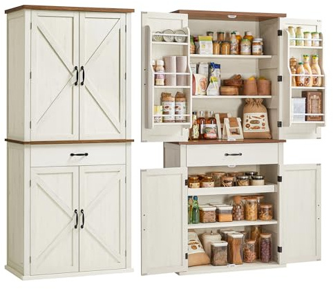 VASAGLE Küchenschrank, Mehrzweckschrank freistehend, 80 x 39.5 x 178.6 cm | Ober- und Unterschrank, 4 verstellbare Ablagen, 6 Türfächer, für Wohnzimmer Küche, Weiss, LIRY Kollektion BBK364W02