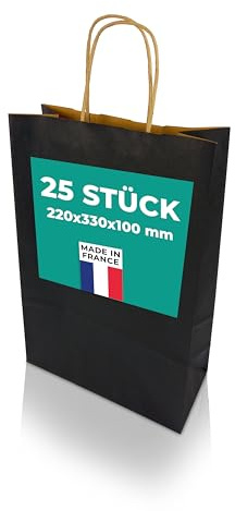 h-Green Papiertüten mit Henkel 220x330x100 mm (25 Stück), tragbare Papiertüten mit 7kg Tragfähigkeit, recycelbare Geschenktüten aus 100% FSC® zertifiziertem Recycling-Kraftpapier, 90g/m², schwarz