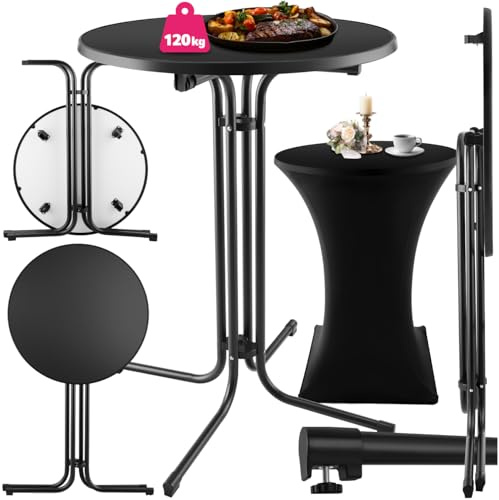 tectake® Gastro Stehtisch klappbar, Bistrotisch mit Husse, Tisch Ø80cm, Stehtisch mit MDF-Tischplatte, Gartentisch klappbar, Klapptisch, rund, Stahlgestell, stabil und robust - schwarz, 1 Stehtisch