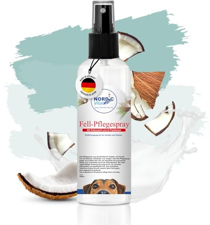 NordicVital Kokos Fellpflege Spray Hund & Katze 250ml – Sanftes Entfilzungsspray für Haut/Fell - Verbessert Kämmbarkeit & Löst Verfilzungen – Fellspray auch ideal als Hundeparfüm gegen Geruch