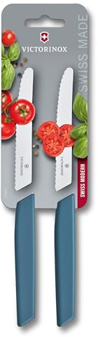 Victorinox Swiss Modern Brotzeitmesser-Set, 2-teilig, Extra Scharfe Klinge, Wellenschliff, 11 cm, Kunststoffgriff, Rostfreier Stahl, blau