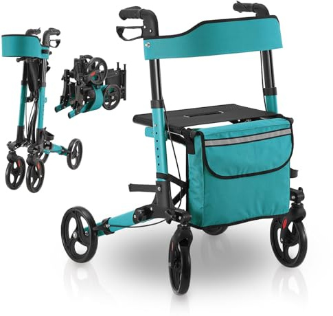 Juskys Rollator Vital klappbar, höhenverstellbar, Aluminium, bis 130 kg, mit Sitz, Tasche und Gehstockhalterung, Blau/Petrol