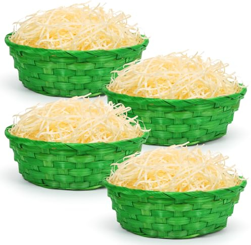 Osterkörbchen mit Deko Gras, 4 Stück Osterkorb Zum Befüllen, Grünes Bastkörbe 22.5 * 7.5cm,100g Ostergras Natur Braun, Oster Weidenkörbe, Osternester Korbflechten für Kinder Ostern Eier Dekoration