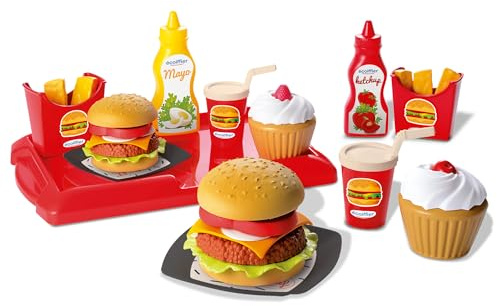 Burger Spielzeug-Set – 32-teiliges Spielset mit Pommes, Ketchup, Burger, Tablett, usw., ideal für Kinderküche, für Kinder ab 18 Monaten