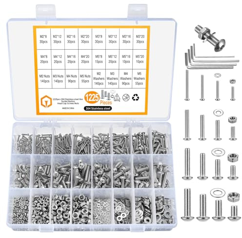 1225 Stück M2 M3 M4 M5 Innensechskantschrauben und Bolzen und Muttern und Unterlegscheiben Sortiment Kit, Edelstahl Silber Linsenkopf Gewindeschrauben und Muttern und Unterlegscheiben Set(Silber 1225)