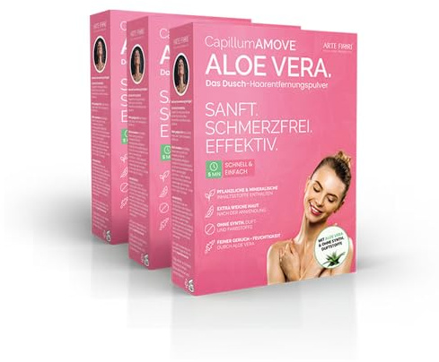 Capillum AMOVE Intim Enthaarungscreme Frauen Aloe Vera 3x300g - Premium Enthaarungspulver Intimbereich - schmerzfreies Dusch Haarentfernungspulver Intim ohne Zusatzstoffe mit neutralem Geruch