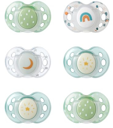 Tommee Tippee Nighttime Schnuller, 18-36 Monate, 6er Packung mit Schnullern, die im Dunkeln leuchten mit wiederverwendbarem Sterilisierbehälter