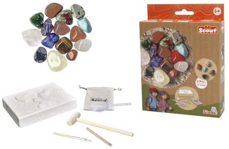 Simba 109462661 - Scout Mineralien-Ausgrabungsset (5 Steine zum Ausgraben) - Forscher- und Entdecker-Spielzeug für Kinder ab 5 Jahre inkl. Lupe, Werkzeug & Beutel, zufällige Auswahl aus 3 Sets