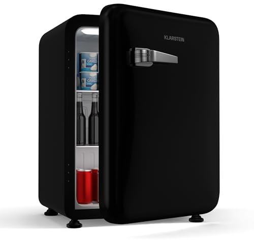 Klarstein Audrey Evo 68L Retro Mini Kühlschrank - Leise 40 dB, Kompakter Kühlschrank Klein mit Verstellbaren Füßen, Wendetür, Mechanischem Thermostat, Schwarz, Ideal für Schlafzimmer und Büros