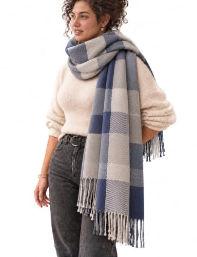 Miss Lulu Winter Schal Damen Oversized – Kuschelig warmer karierter Wollschal mit langen Fransen, Winteraccessoire für Damen, Mama & Freundin oder für Alltag