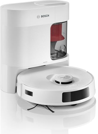 Bosch Spotless + BCRD1W Saugroboter mit Wischfunktion, 11.000 Pa Saugkraft, Wischpad, Trocken-Servicestation, Smart Vision Navigation mit Infrarot-Licht, Steuerung per App, weiß