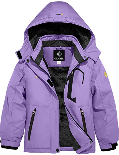 GEMYSE Mädchen Skijacke Wasserdichte Winterjacke Mit Warmer Fütterung Winddichter Schneeanzug Warm mit Kapuze für Outdoor(Helllila,140-146)