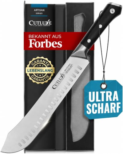 Cutluxe Metzgermesser 25cm – Fleischmesser aus deutschem Stahl, scharf | Handgeschärfte Granton-Klinge, Volltang; ergonomischer Pakkaholzgriff, dreifach vernietet
