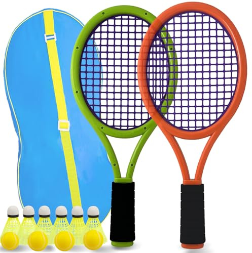 Kinder-Tennisschläger mit Tasche, Kunststoffschläger inklusive 4 Schaumstoffbällen, 6 Badminton-Federbällen für Kinder (über 3 Jahre), Kleinkinder für Outdoor-/Indoor-Sport (Dunkelorangegrün)