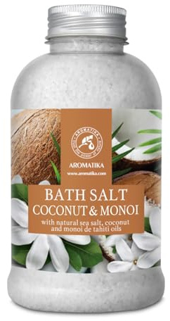 Badesalz Kokos Monoi 600g - Badesalz mit Monoi de Tahiti und Kokosnuss Öl - Naturreinem Meersalz - Aromatherapie Badewanne - Körperpflege - Entspannung