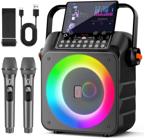 HWWR Karaoke Maschine mit 2 drahtlosen Mikrofones, Tragbaren Karaoke Anlage Lautsprecher mit RGB-Licht für Hausparty, PA-System für ErwachsenePartybox Unterstützt,TWS