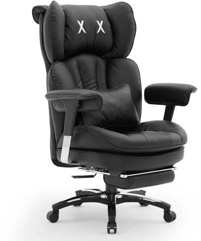 Efomao Bürostuhl, Ergonomischer Großer PU-Leder Chefsessel mit X-Stickerei, Lendenkissen, Fußstütze und Drehfunktion, Komfortabler Schreibtischstuhl für Büro und Homeoffice