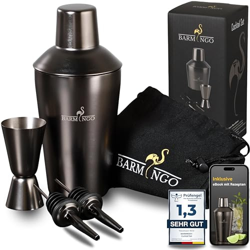 BARMINGO Cocktail Shaker Set [1,3 - SEHR GUT] - 500ml Edelstahl Cocktailshaker mit Bar Zubehör, Cocktail Set | Bar Set | Barkeeper Set | Cocktail Mix Set | Bar Geschenkset | Schwarz