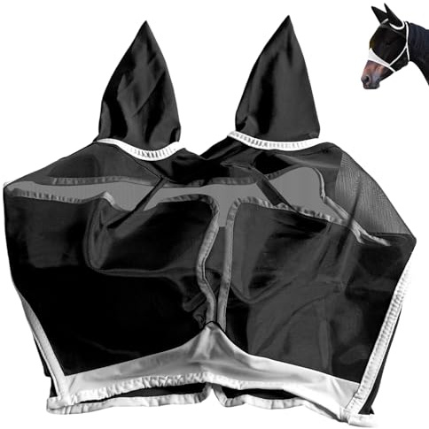 Pferde Fliegenmaske Atmungsaktiv Fine Mesh Verstellbare Fly Buckler mit Ohrenschutz, Atmungsaktives Mesh, Anti-UV, Anti-Mücken, Insekten für Pferd Cob (Schwarz, L)