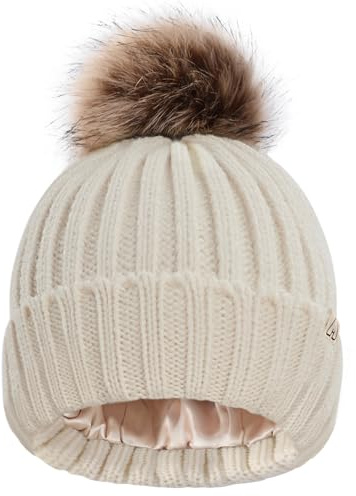 Hat Hut Kinder Bommelmütze Baby Wintermütze Gefüttert Satin für Haare Warme Strickmütze Pompon Beanie für Jungen Mädchen (DE/NL/SE/PL, Alter, Einheitsgröße, A2-Beige)