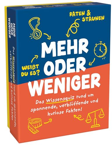 Mehr oder Weniger - Ratespiel ab 2 Personen - 110 Karten 320 Fragen - Spiel für Erwachsene & Kinder ab 10 Jahren - Tolles Kartenspiel für 2+ Spieler - Familienspiel, Gesellschaftsspiel oder zu zweit