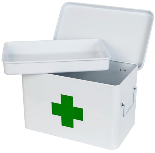 HMF Hausapotheke aus Metall zur Medikamenten Aufbewahrung, Medizinbox leer für Sportverein, Betrieb oder Zuhause 32,5 x 20 x 20,5 cm | Weiß