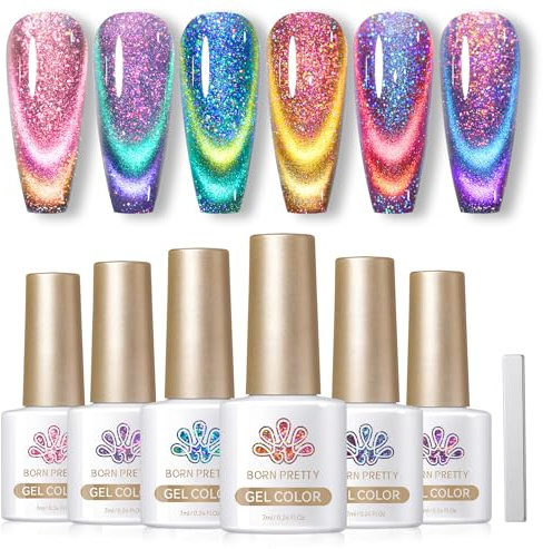Born Pretty Cat Magnetic U V Gel 9D Chamäleon UV Nagellack Magnetisch Set 6 Farben Glitzer Gellack Katzenauge Soak Off UV Gelpolitur mit Magnetstift