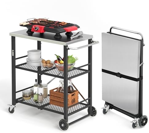 LUE BONA Grillwagen Zusammenklappbar,Grilltisch mit 2 Ablagen,Outdoorküche Beistelltisch auf Rädern,Servierwagen Für Garten Grill Camping,Edelstahl-Tischplatte