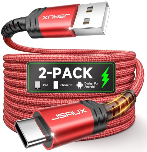 JSAUX USB C Kabel 3.1A [2 Stück 2M], Ladekabel USB C Nylon Geflochten Schnellladekabel Kompatibel mit Samsung Galaxy S25 S24 S23 Ultra S22 S21, iPhone 17 16 15 Pro Max, CarPlay, PS5 Controller-Rot
