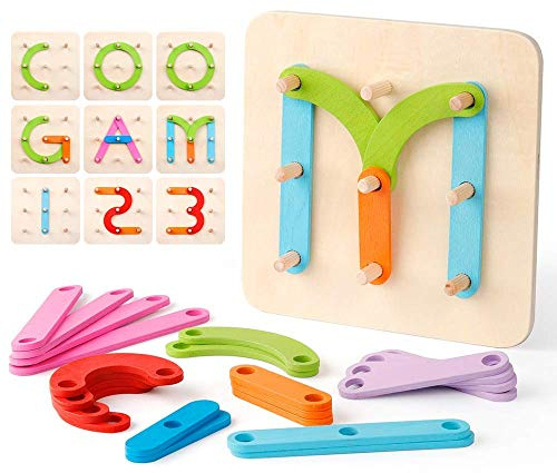 Coogam Montessori Buchstaben Spiel Holz Zahlen Alphabet Bauaktivität Set | Vorschule Pädagogisches Spielzeug Form Farberkennung Stapelblöcke Sortierbrett für Kinder