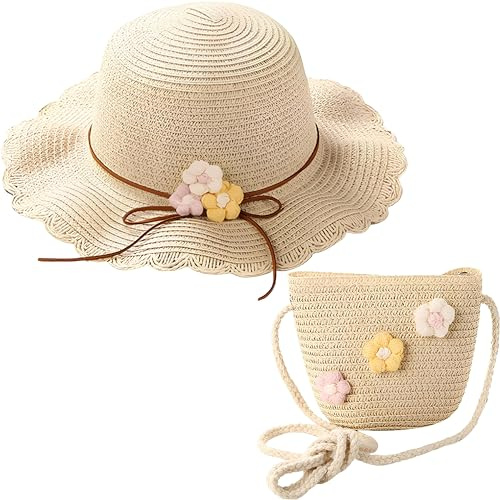 YANJIY 2 Stück Mädchen Sonnenhut und Strohstricktasche,Sommer-Sonnenhut, Strohhut und Kleine Tasche Set