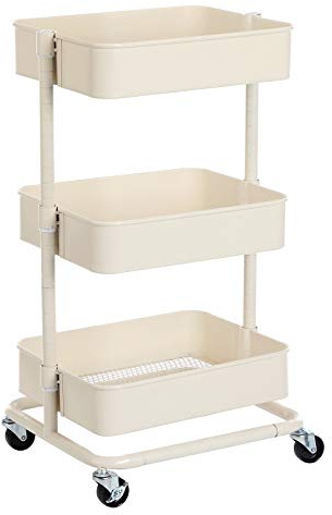 SONGMICS Rollwagen mit 3 Fächern, Aufbewahrungswagen, Küchenregal mit Rollen, Ablagefächer höhenverstellbar, Servierwagen mit 2 Bremsen, Bad, Küche, Büro, Weiß, 43 x 35 x 73.5 cm (L x W x H)