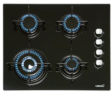 CATA Gaskochfeld CIB 6031 BK – 59 cm Glas-Gasherd, 4 Kochzonen, Dreifach-Kronenbrenner 3,5 kW, Sicherheitsventile, elektrische Zündung, Butangas, Schwarzglas