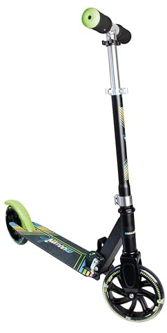 Muuwmi Lights Aluminium Scooter - Höhenverstellbarer Lenker - Geeignet für Kinder - GS-Zertifiziert - Bis zu 100 kg - mit Leuchtrollen - Tretroller in grün-schwarz