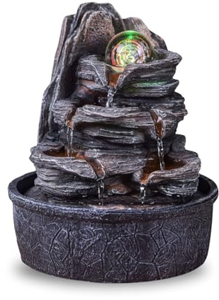Zimmerbrunnen Wasserfall Natur Treppe Steineffekt Buntes Licht, Geschenkidee, Innendekoration in Bewegung - Zen Tischbrunnen Entspannend, Glücksbringer Objekt, H 25cm - Luberon Zen'Light