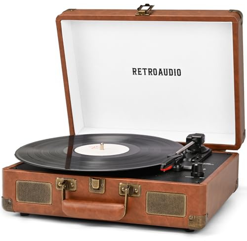 Tragbarer Kofferplattenspieler mit Bluetooth, 3 Geschwindigkeiten, 2 integrierten Stereolautsprechern, riemengetriebenem Plattenspieler für Vinyl-Schallplatten, RCA-Line-Out und AUX-Out