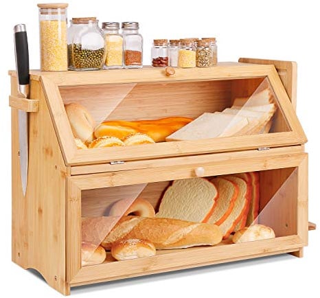 Leader Accessories Bambus Brotkasten 2 Etagen Brotbehälter mit Brotschneidebrett lebensmittelecht Brotaufbewahrung pflegeleicht 50x25x37cm
