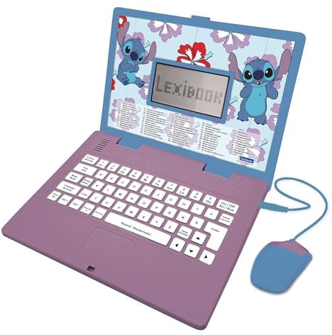 Lexibook, Disney Stitch, zweisprachiger deutsch/englischer Lerncomputer, Spielzeug für Kinder mit 124 Sprach-, Schreib-, Mathe-, Logik-, Musikaktivitäten und Spielen, lila/blau, JC598Di3