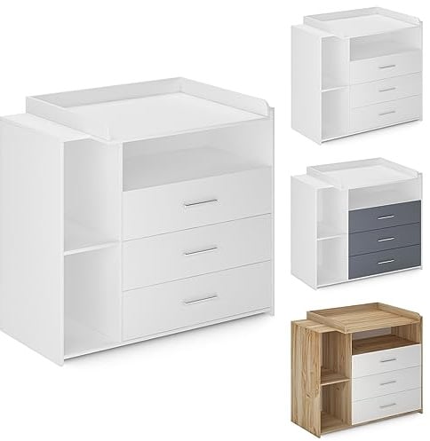 Infantastic® Wickelkommode -Mit Wickelauflage, 3 Schubladen, 3 Fächer, 113x53x101.6 cm, in MDF, Weiß/Grau/Sonoma - Baby Kommode, Wickelregal, Wickeltisch, Wickelschrank mit Wickelaufsatz (Weiß)